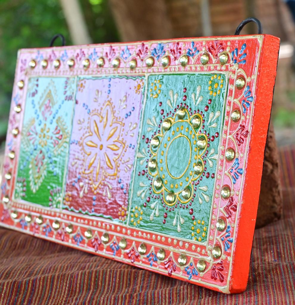 Indian Folk Art Mirror Work Wood Wall Panel: Hand-Painted Bright Ethnic Home Decor