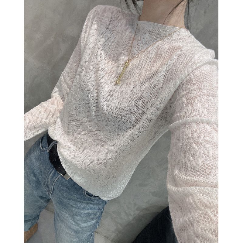 

Autumn Clothing Sexy See-through Belly-Covering Long Sleeve Knitwear Beige White M