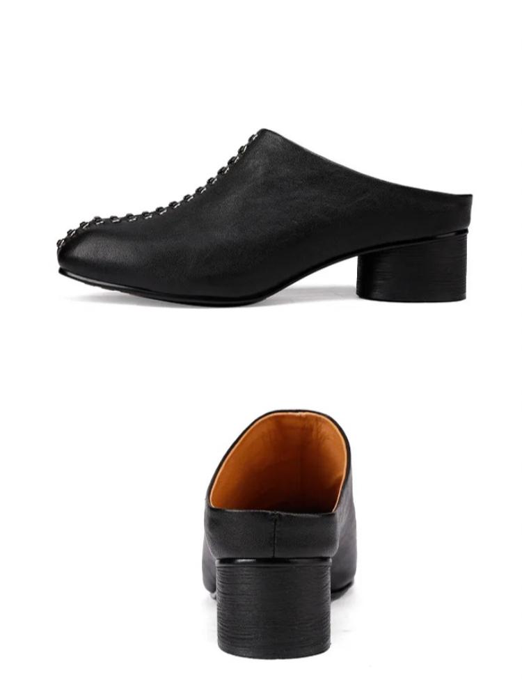Johnature Ciabatte Moda in Vera Pelle con Tacco Grosso Punta Tonda Comode Suola Morbida Scarpe Slip-on da Donna