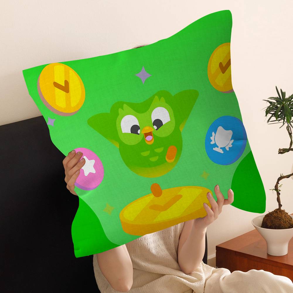 Funnyt D-Duolingo Pillow Covers Cartoon Sofa Decorative Home Double-sided Printing Short Plush Cute Cushion Cover