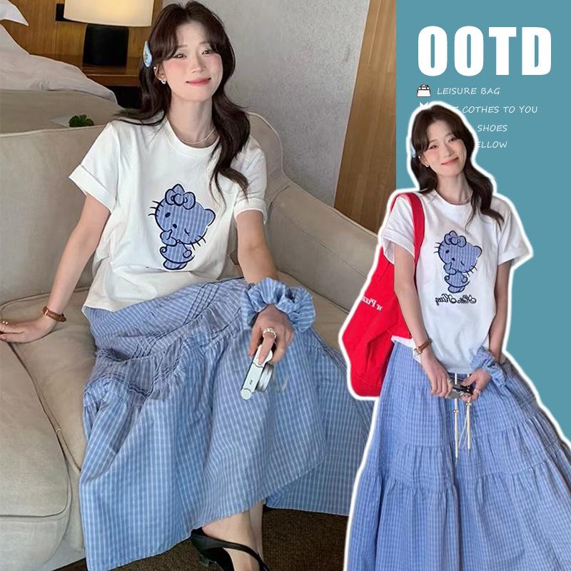Maternity Summer 2026 Sweet Spicy Mom Cartoon T-shirt & Plaid Skirt Set