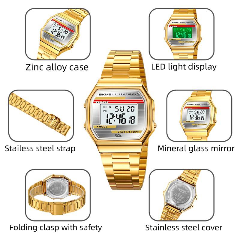 Skmei Classical Style Unisex Digital Watches with Date Week Stainless Steel Strap 12 24 Hour Format LED Waterproof Fashion Time