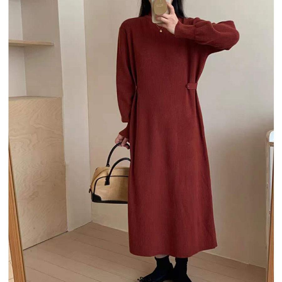 Solid color semi-turtleneck sweater skirt women's autumn and winter lazy inside long over the knee loose new bottoming knitted dress