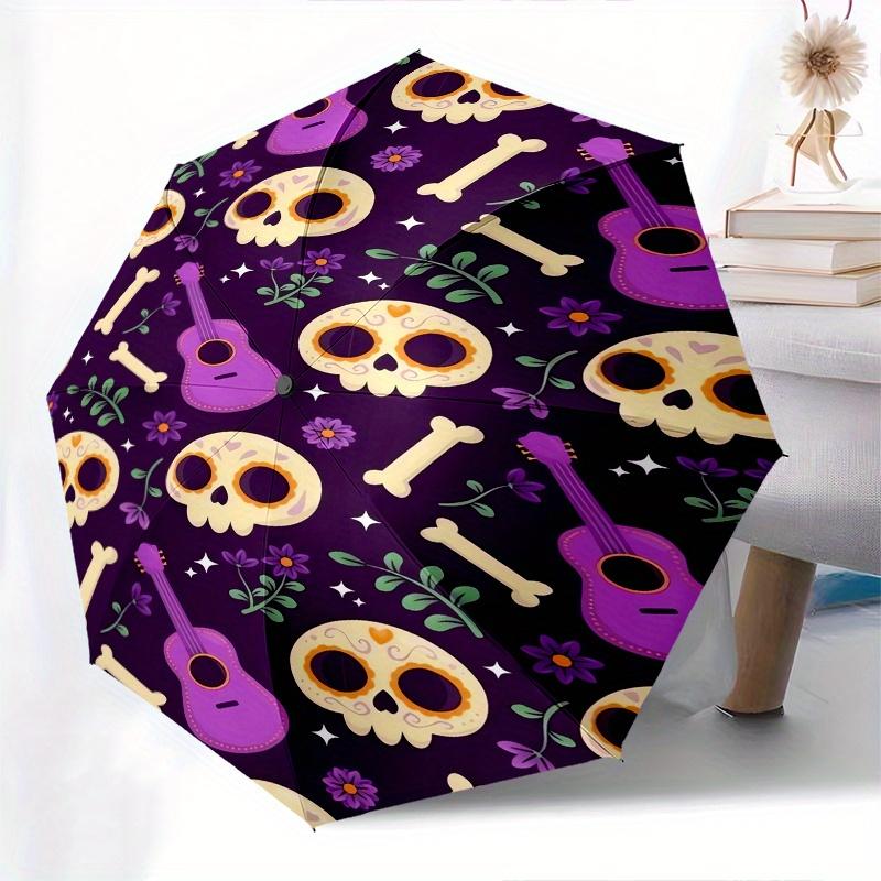1pc Skulls,Guitars Automatic Folding Umbrella: Compact 8 Bone Design Cartoon Outdoor Travel Companion, Business Umbrella, Christmas Valentin