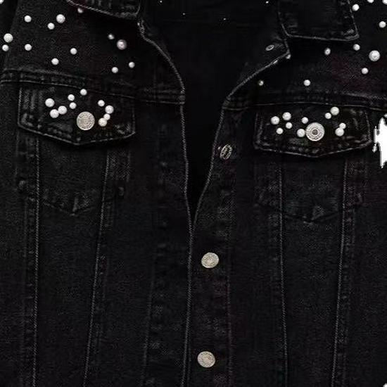 Plus Size Beaded Denim Jacket - Korean Style, Spring/Autumn Fashion for Women