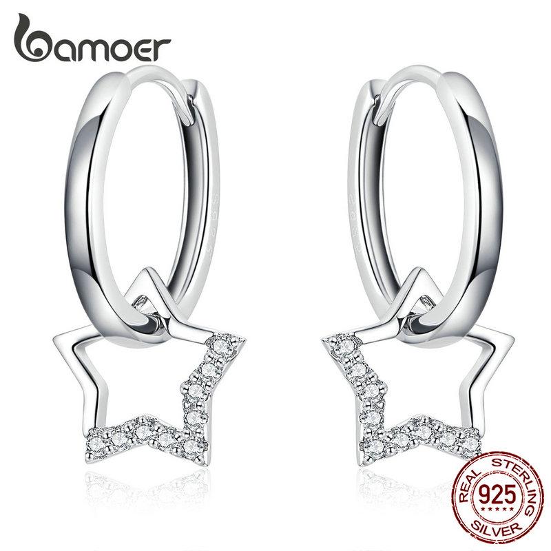 Cangall Orecchini A Cerchio Argento 925 Con Ciondolo Luna E Stella | 16x28 Mm | Ipoallergenici Per Donna