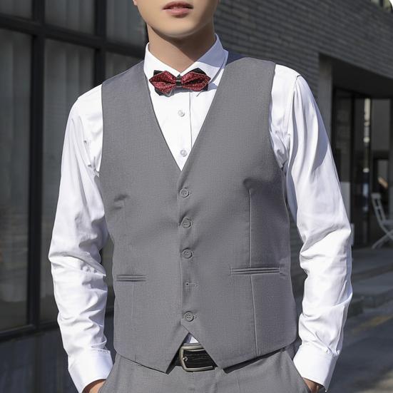 Men Suit Waistcoat V-neck Sleeveless Single Breasted Suit Vest with Pockets Solid Color Ergonomic Tailoring Waistcoat