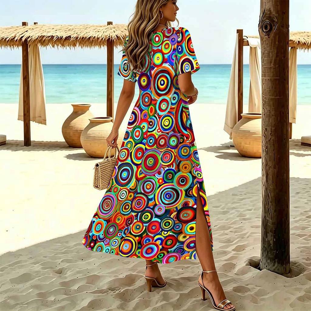 Women Fashion Round Neck Ethnic Color Circle Printed Short Sleeve Side Slit Dress Casual Vacation Dress Long Loose Dress