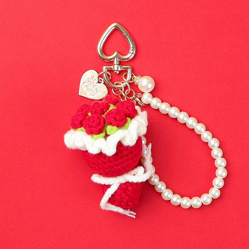 1Pcs Cute Sweet Multi Colored Yarn Knitting Hand-Held Flower Pendant Ornaments Charm Car Key Ring Backpack Decor for Girls Gift