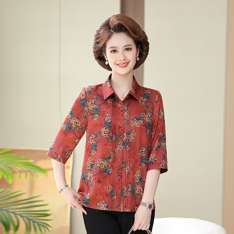 Spring & Summer Floral Print Top for Middle-aged & Elderly Women – Chinese Style Seven-Point Sleeve Shirt