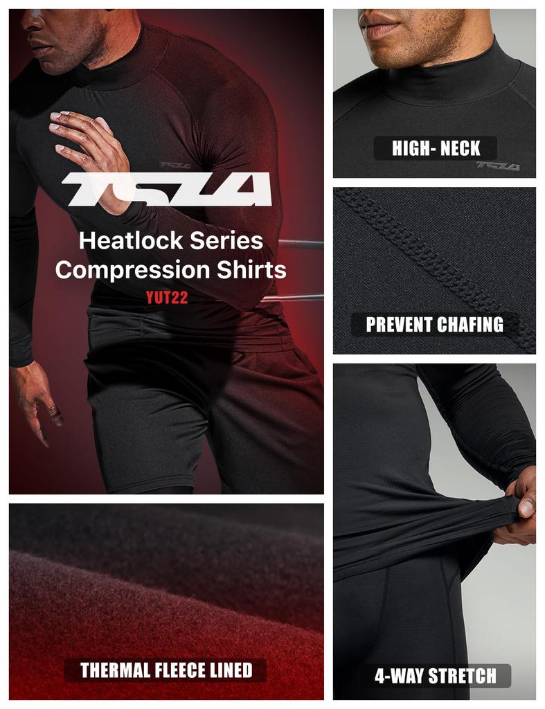 Tesla Sports and Compression Cold Inner Running Sports Thermal Men's High-Neck Undershirt, 2-Piece Set, Fleece-Lined, Moisture-Wicking, Quick-Drying,