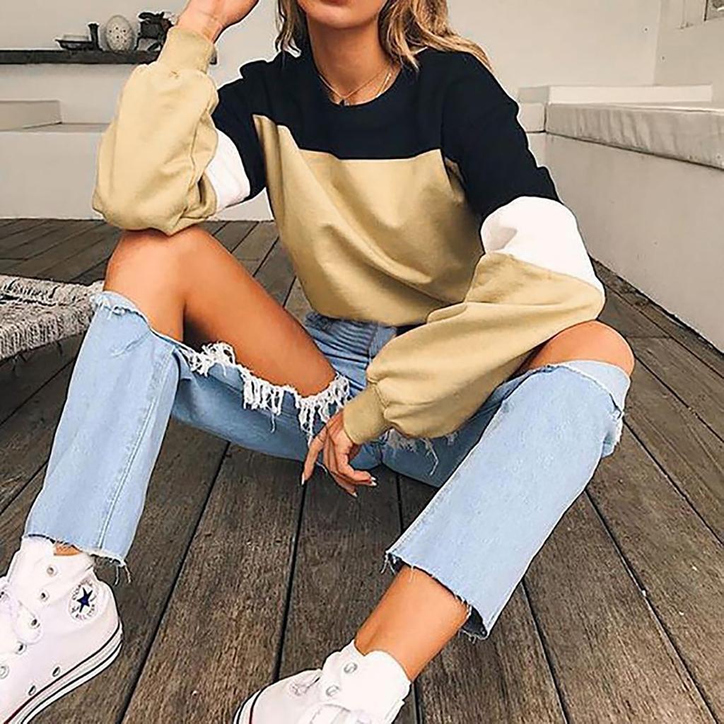 Women's Fashion  O- Neck Contrast Long Sleeve Top  Corded Cool Sweater