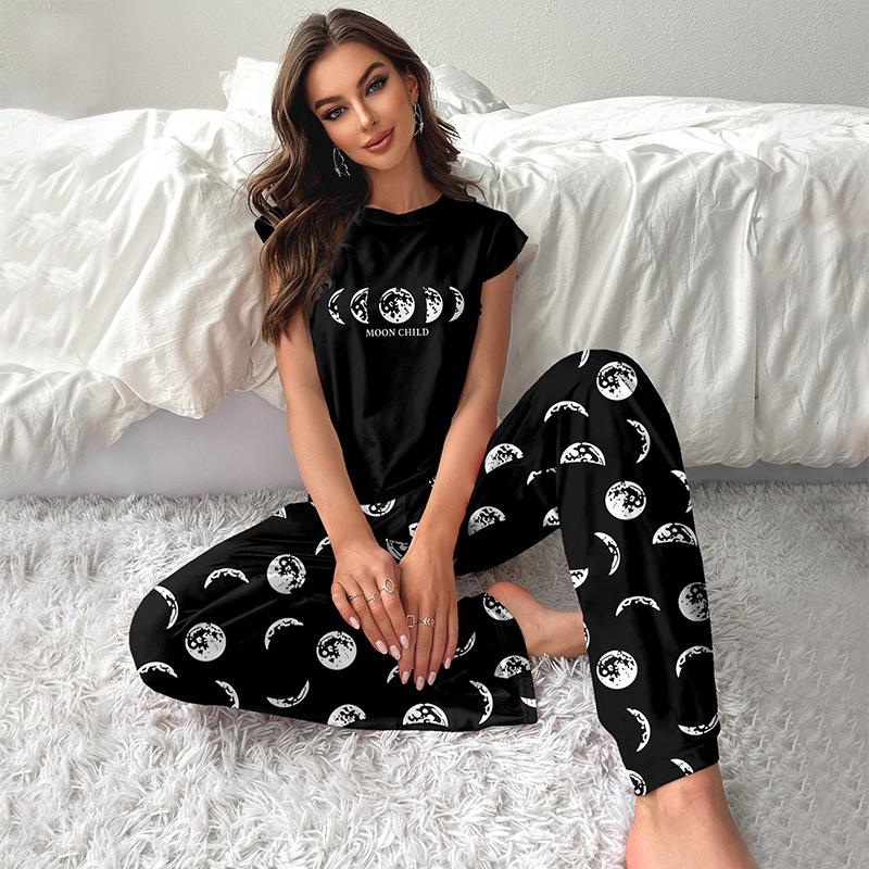 Summer Pijama Women Graphic Print Pajamas Set Short Sleeve Crew Neck Tops Elastic Waistband Pants Women's Black Sleepwear Loungewear Pj