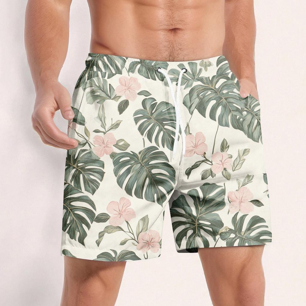 Men's Fashion Hawaiian Print Elastic-Waisted Casual Yoga Pants Beach Shorts