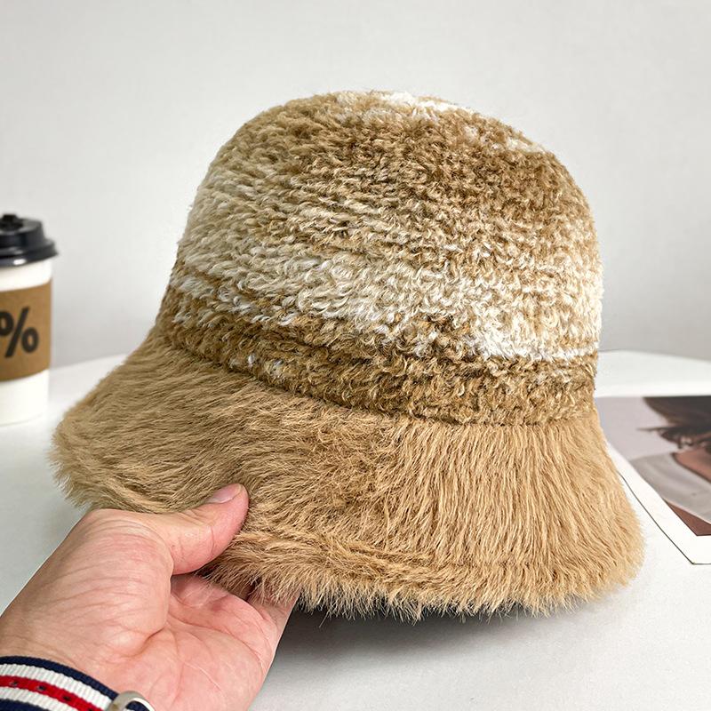 Rainbow Striped Bucket Hat Women's Fashion Thickened Plush Hat Autumn and Winter Outdoor Basin Hat
