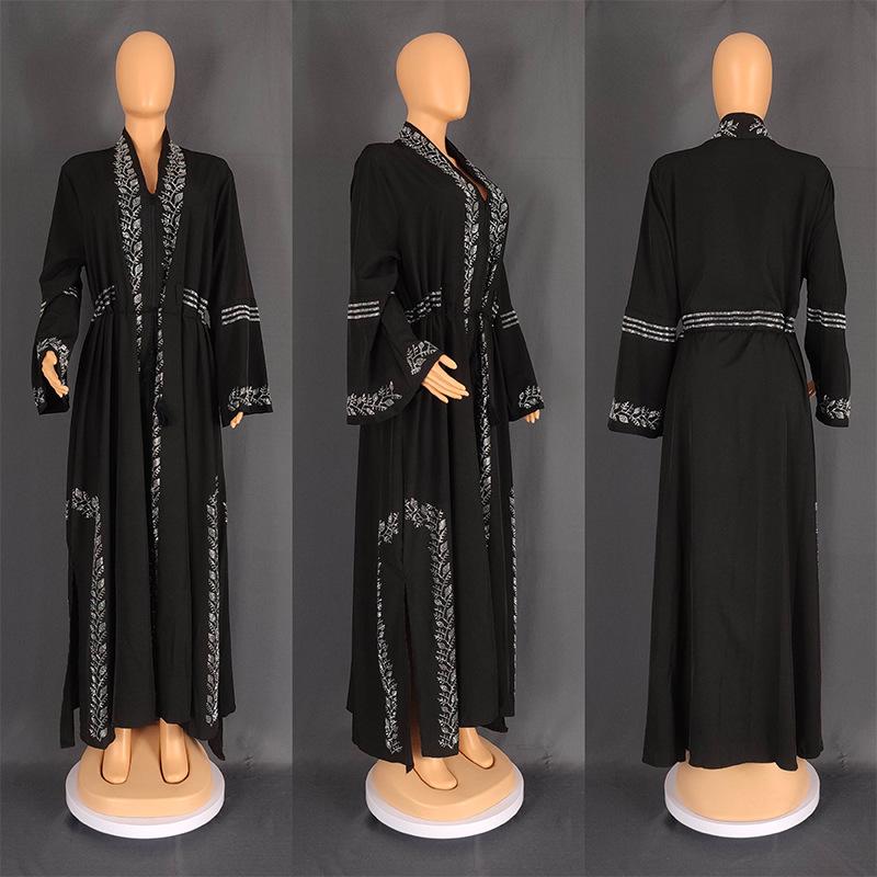 Arabian Style Long Sleeve Bell Bottom Dress Cardigan Robe Large Size Women's Fashionable Casual Geometric Patterned Gown