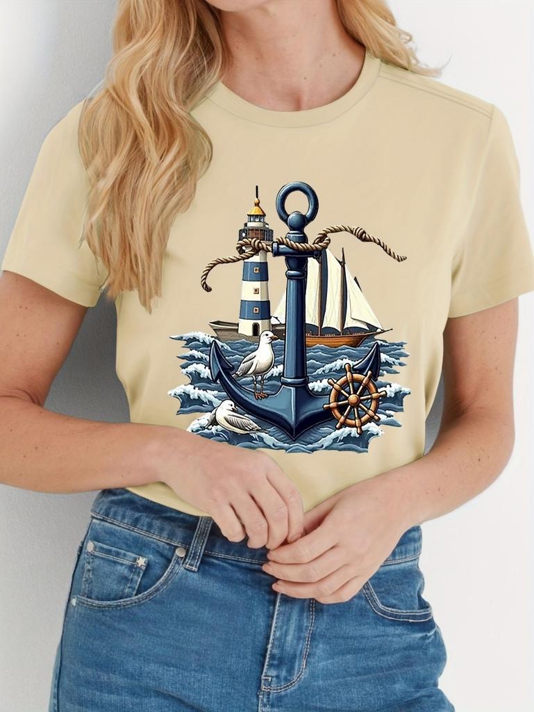 Elegant Women Summer Casual Short-Sleeved Tops Seaside Anchor Graphic Print Daily Outdoor Wear Round Neck Tees Women's Clothing