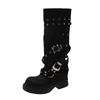 Niche design sense black Maillard trouser boots 2025 new retro round head boots rivet knight boots
