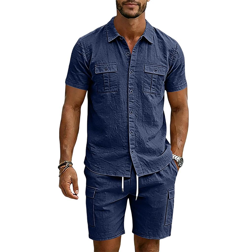 Men's Summer Linen Short Sleeve Shirt and Cargo Shorts Set Casual Lightweight Breathable Multi Pocket Two Piece Outfit