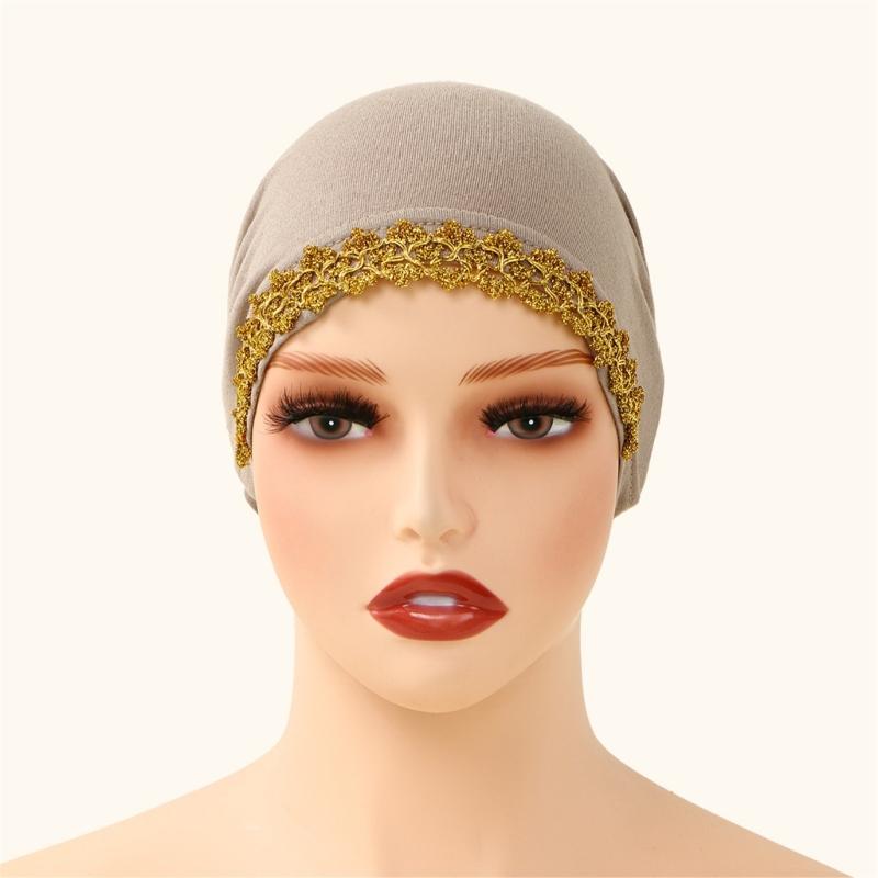 Elegant Lace Trim Hijab Cap Easy To Wear Stretchy Turban Hat For Islamic Women Formal Casual Religious Event Gathering