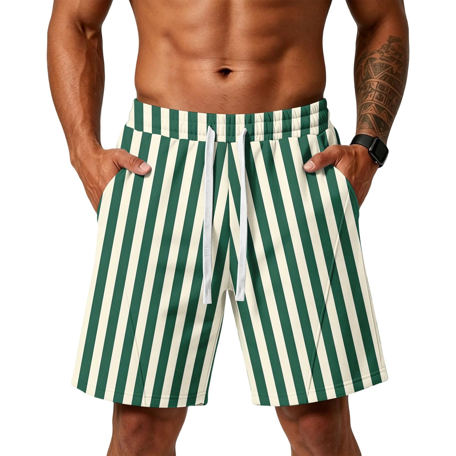Herren locker geschnittene gestreifte Sport-Trainings-Gymnastik-Strandshorts mit Taschen elastischem Bund Kordelzug L brown