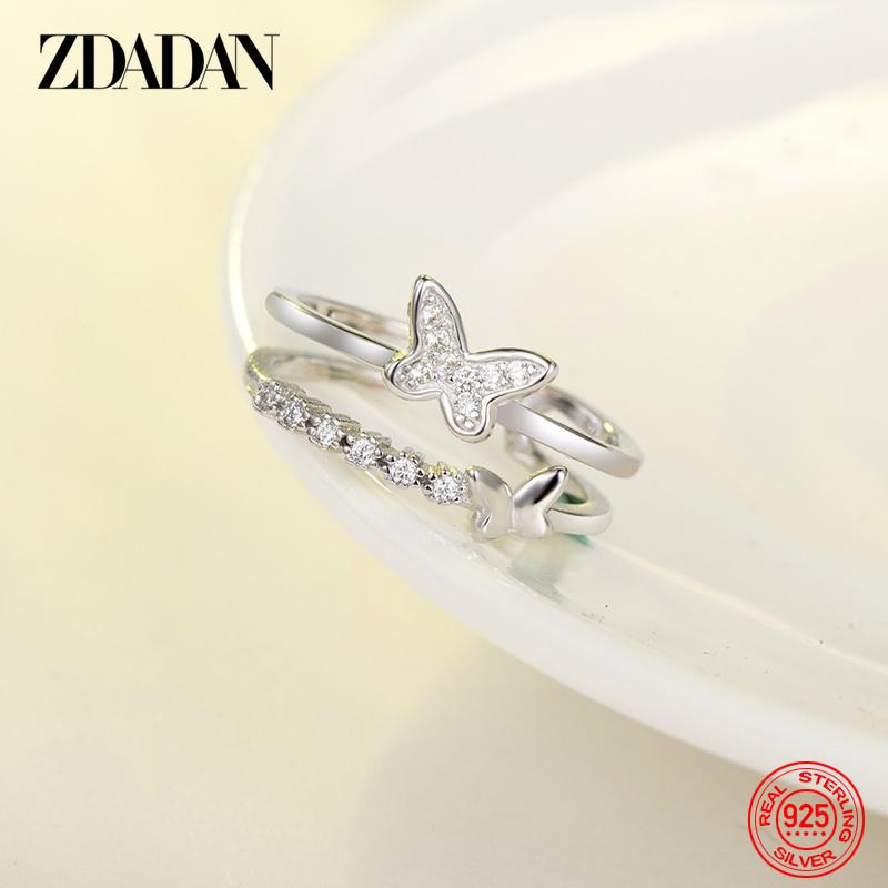 

925 Sterling Silver Double Butterfly Open Ring for Women Fashion Wedding Jewelry Resizable