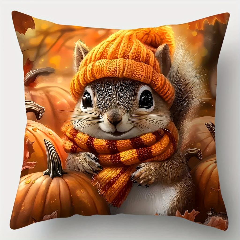 pc D Flat Pillow Not Included Three Squirrels Autumn Leaves Tree Hole Cushion Cover Plush Cozy Fall Decor AnimalLover GiftCase