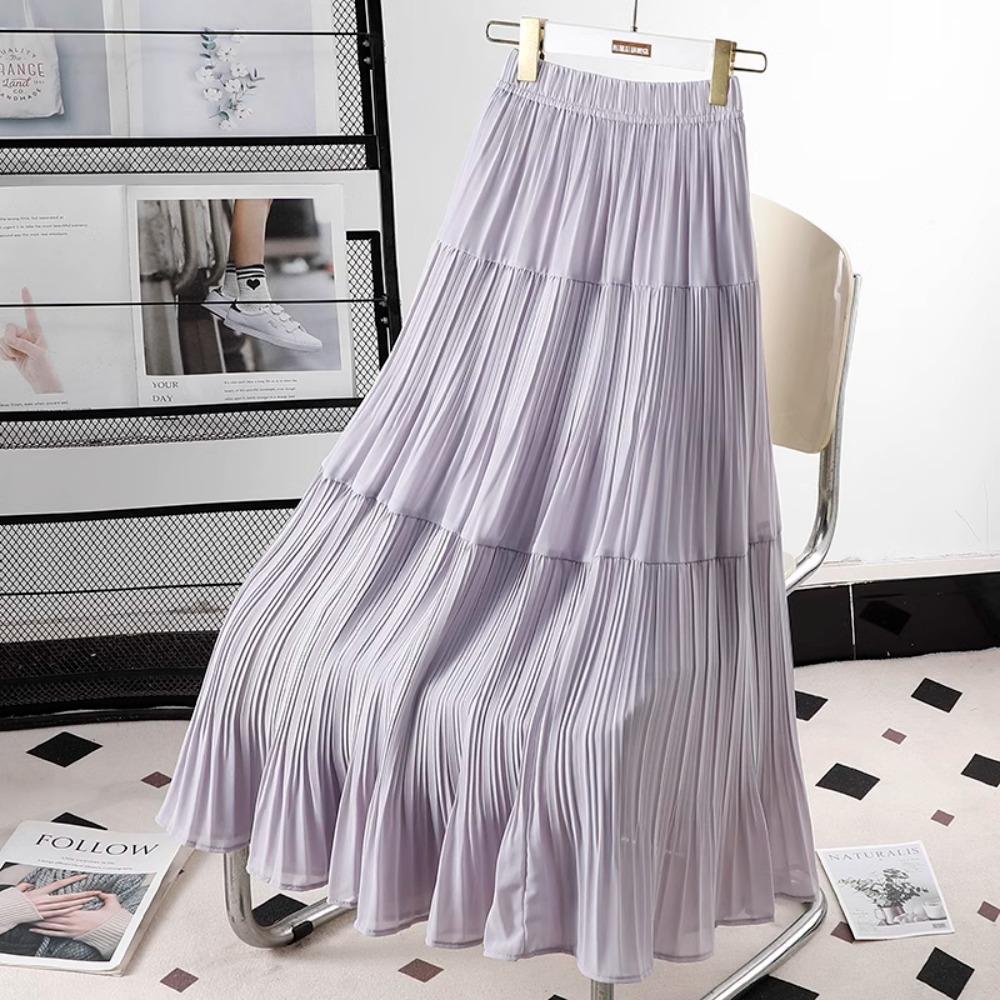 DIMANAF 2026 Summer Women New Skirts Chiffon Solid Elastic Waist Pleated Mesh Elegant Skirts