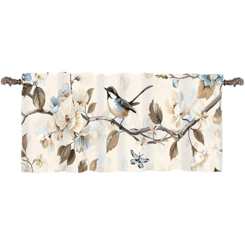 1 Panel Retro Branch Bird Window Valances, Floral Nature Animal Window Treatment Decor Curtains Rod Pocket Valances for Kitchen/Living Room, 54" X
