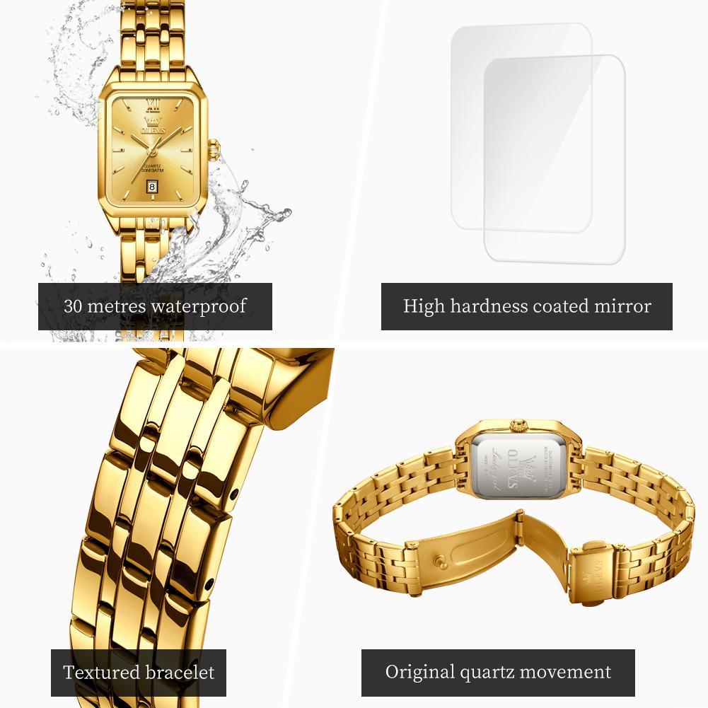 OLEVS Quartz Women's Watches Stainless Steel Square Small Gold Watch for Women Waterproof Auto Date Elegant Ladies Wristwatches