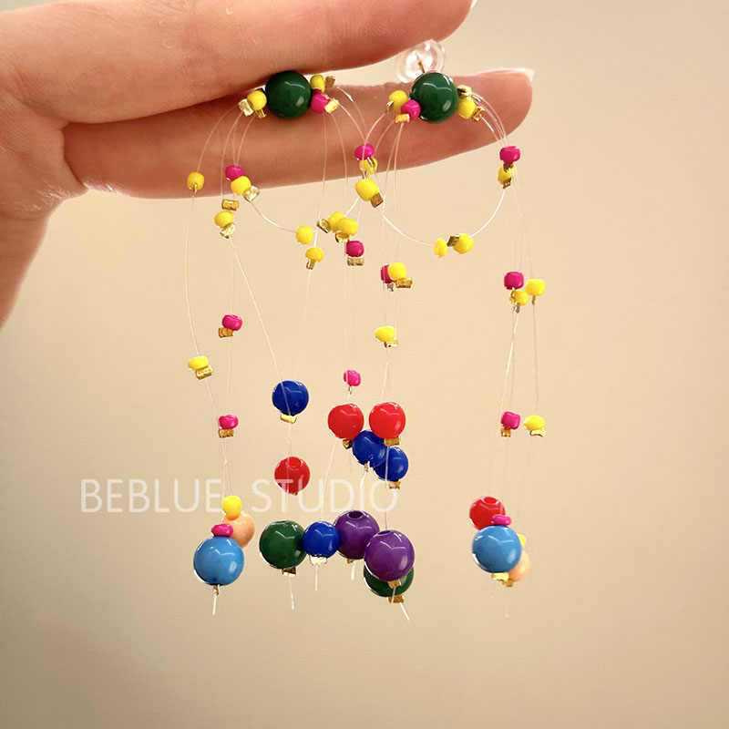 Colorful Dopamine Fabric Beaded Earrings – Women's Studs, Seaside Vacation Style, Ear Clips