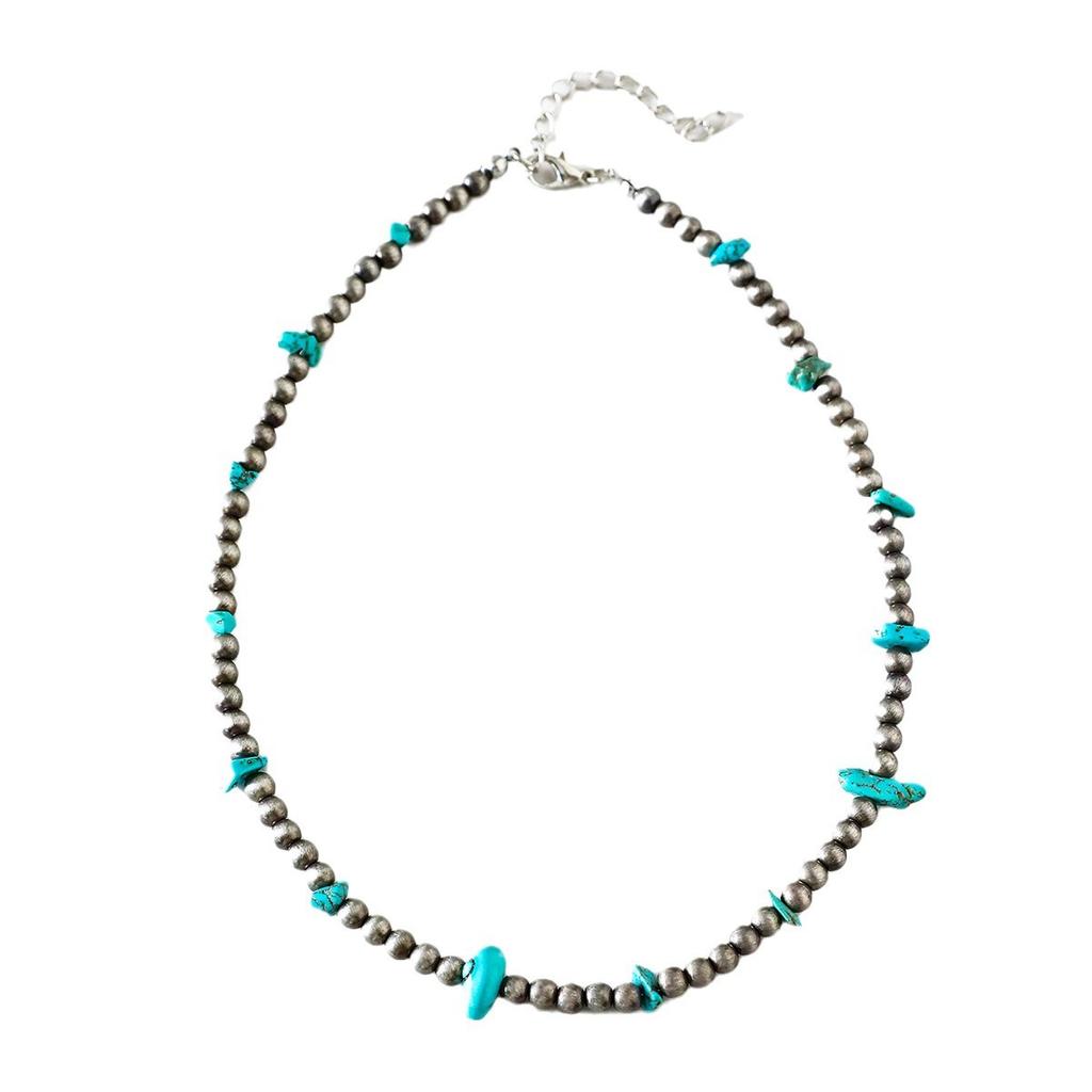 Western Wind Brushed Tin Imitation Turquoise Necklace Ccb Navajo Men And Women Pendant Neck Chain Jewelry