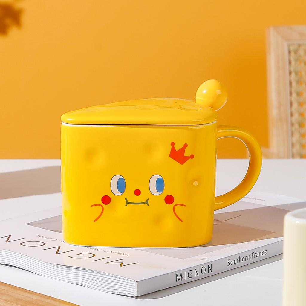 Creative Mug Cartoon Cheese Cup Ceramic Cup Cute with Lid Spoon Gift Coffee Couple Water Cup