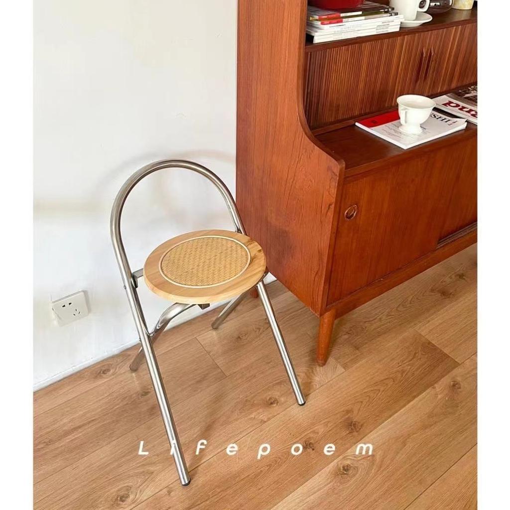 Stuhl für Esszimmer Klappbarer Esszimmerstuhl Akzentstuhl mit gewebter Polsterung Vintage Massivholz Rattanstuhl mit mittlerer Rückenlehne