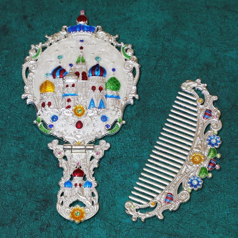 Tuban - Set: Castle / Butterfly / Peacock Alloy Handheld Mirror + Hair Comb (Various Designs)