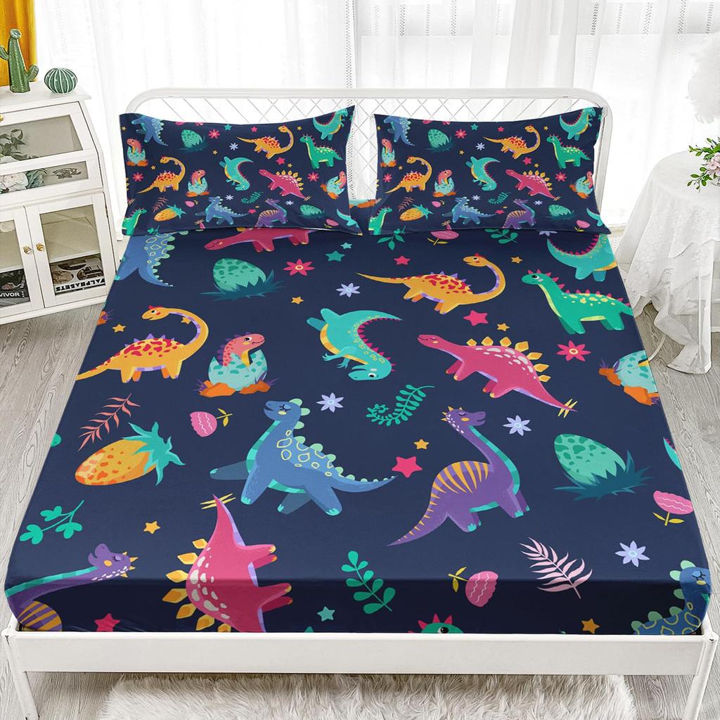 Mehrfarbiges Cartoon-Dinosaurier-Muster Bettmütze Dreiteiliges Digitaldruck Niedliches Muster Bettwäscheset