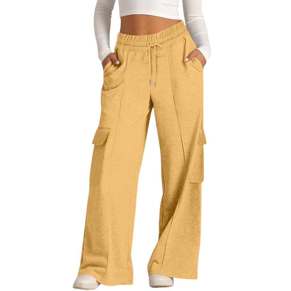 Women's Casual Fashion Solid Color Elastic Waist Drawstring Workwear Wide Leg Pants With Pockets