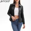 BITCED Fashion Women's Leather Jacket, Short Leather Jacket, Knitted Patchwork Stretch Coat