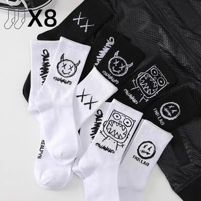 CHRLEISURE 8 Pairs/Set Socks Men's Black And White Socks Trend Cartoon Long Tube Comfortable Breathable Couple Socks