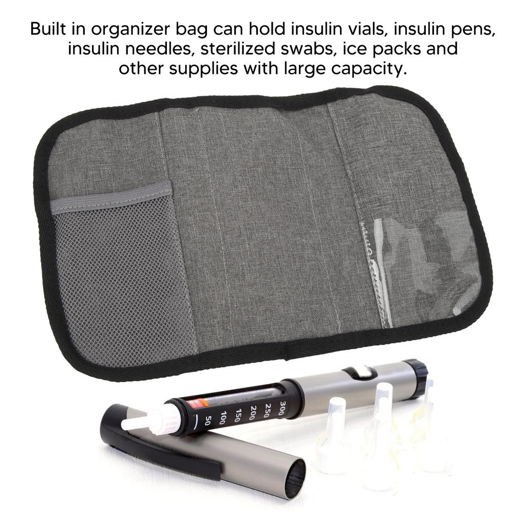 Insulin Cooler Travel Case Portable Waterproof Large Capacity Grey Diabetic Insulated Cooling Bag for Insulin Pen Medication Diabetic Supplies