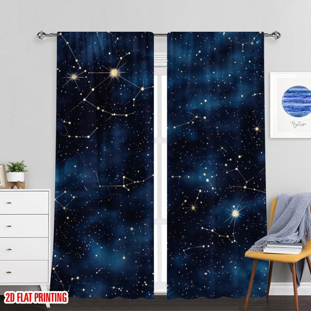 Set Of 2 Flat Printing Window Drapes Milky Way Pattern Versatile Durable Polyester Without Electricity Festive Holiday Use Curtains Made