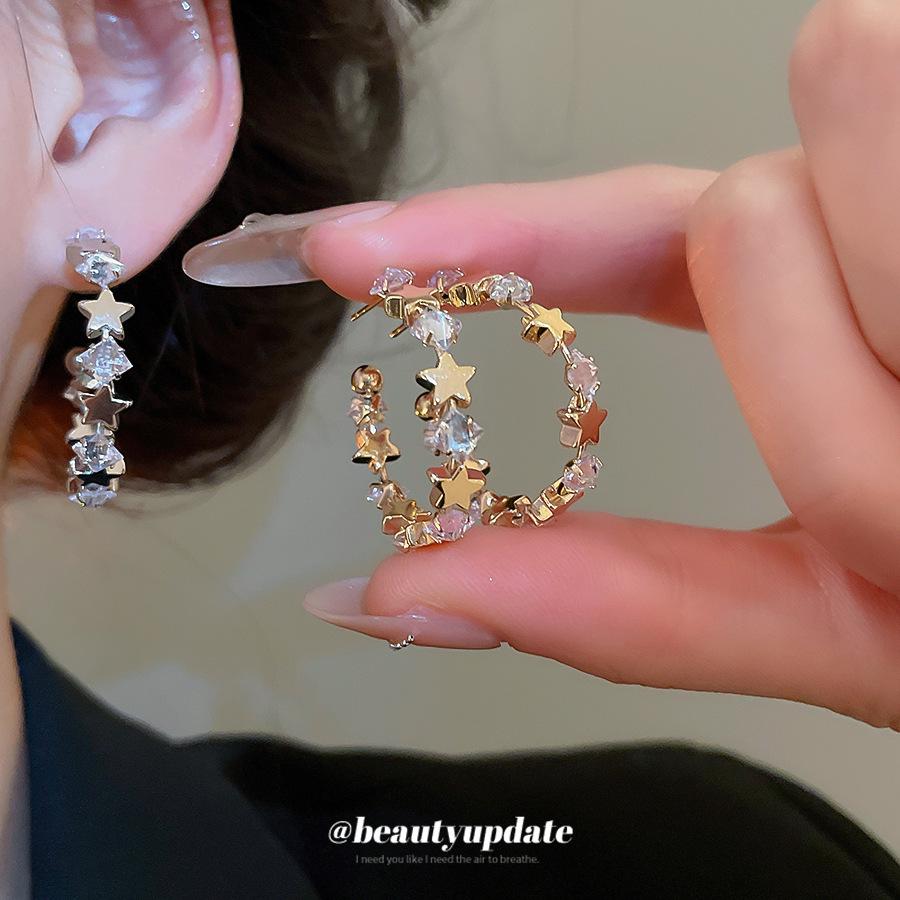 Silver Needle Cubic Zirconia Star C-Shaped Stud Earrings - Sweet & Cool Style, High-End Retro Feel