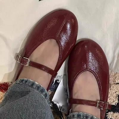 Sheepskin Version~ Za Mary Jane Shoes Women's Leather One-word Buckle with Shallow Mouth Single Shoes Flat-bottomed Versatile Small Red Shoes Work