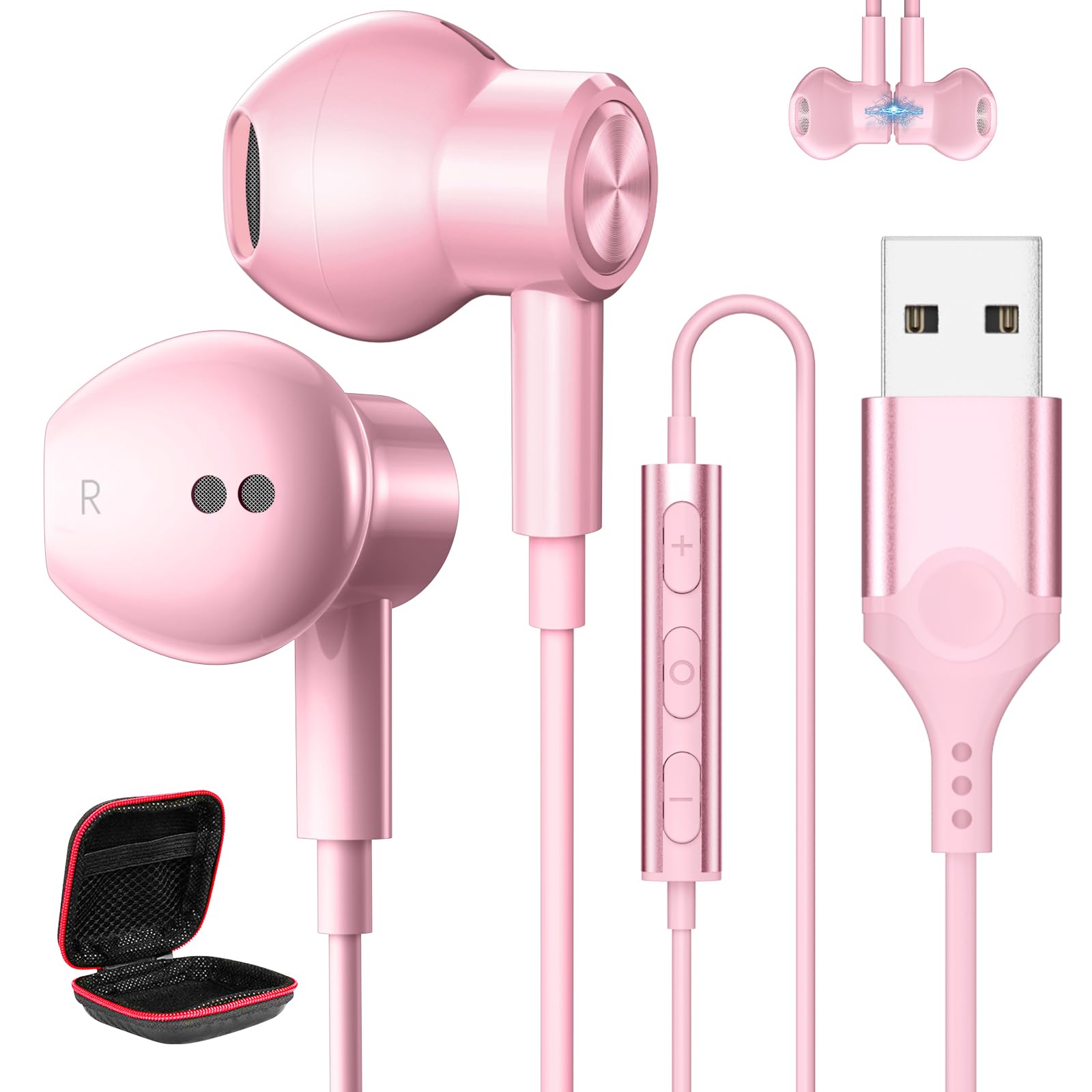 

MACLE USB с проводной магнитной гарнитурой для ПК, регулировка громкости вызова, работа, игры, USB-совместимость, внутриканальные наушники, микрофон, розовые наушники, кейс для хранения розовый