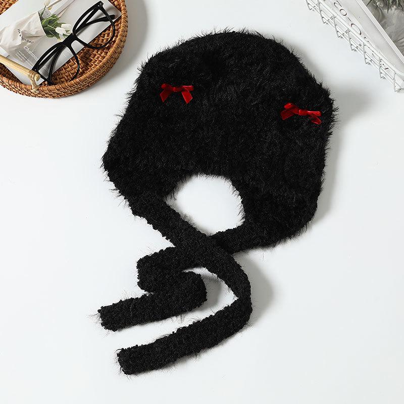 Fashion Bow Knitted Warm Hat Women Autumn and Winter Pullover Ear Protector Braid Plush Hat Riding Electric Car Hat