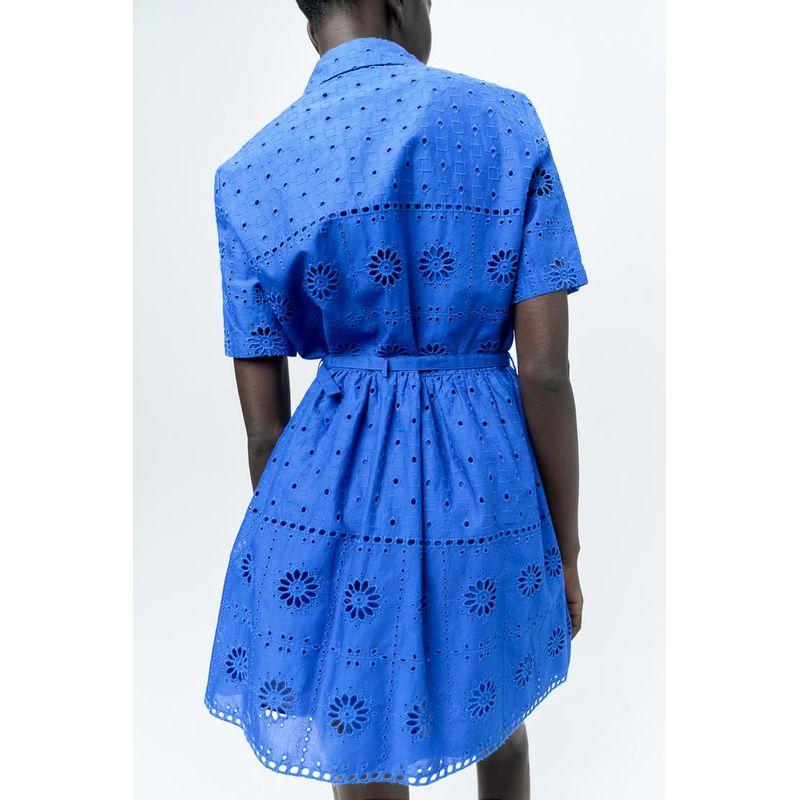 Spring New Fashion Socialite Style Lapel Short Sleeve with Belt Cut Out Embroider Dress 4786085