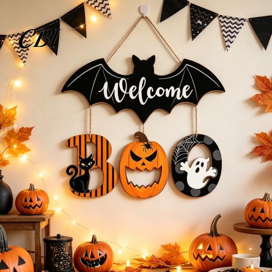 Retro Style Seasonal Decor Halloween BOO Door Sign, Wooden Ghost Evil Pumpkin Black Cat Hanging Welcome Festival Plaque Spooky Bat Hanger for