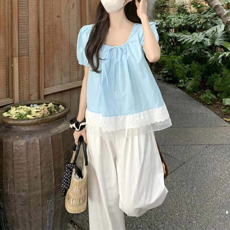 Sweet Puff Sleeve Loose Blouse Female Clothing Fashion Lace Spliced Summer French Style Square Collar Drawstring Casual Shirts