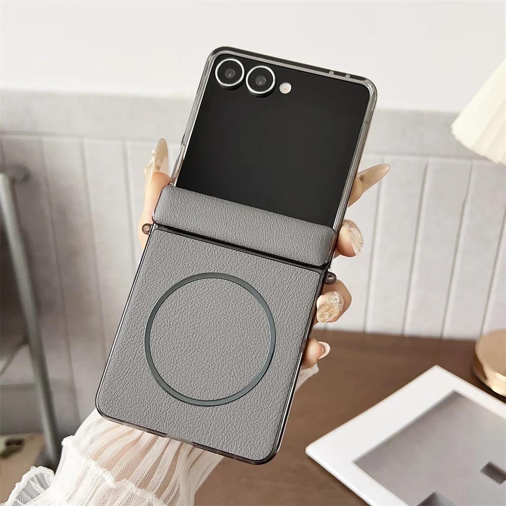

Business Vintage PU Leather Material Magnetic Wireless Charge Case For Samsung Galaxy Z Flip 7 Shockproof Hinge Protection Cover Galaxy Z Flip7