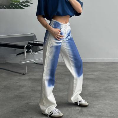 ג'ינס רגל רחבה צבוע טאי דאי לנשים מכנסי דנים כפתור מכנסיים רחבים מידה גדולה לבן כחול היפ הופ רטרו רחוב גבוה